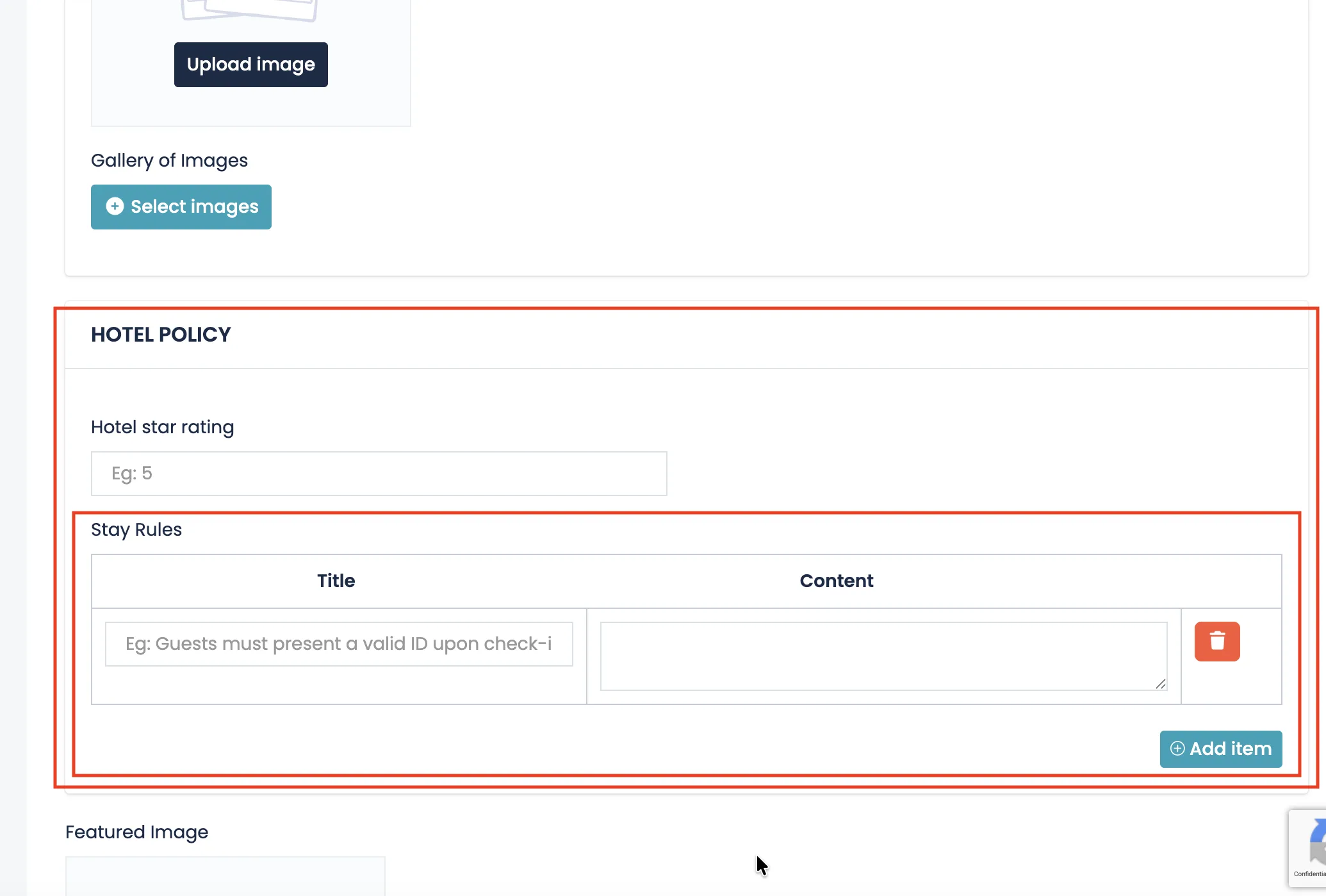 Hotel stay rules section inside hotel policy