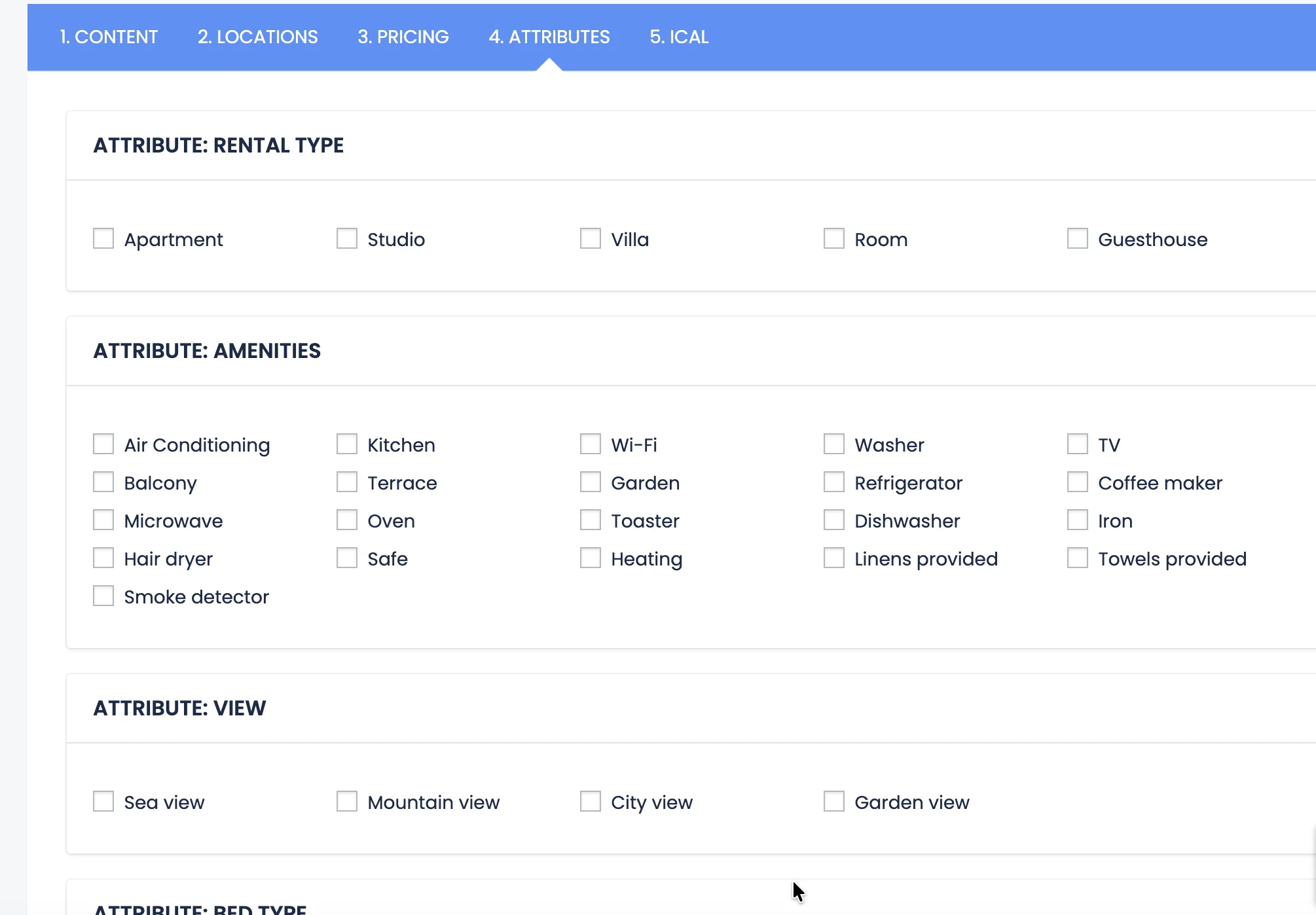 Attributes section for rental listing with amenities and views